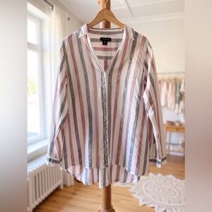Tahari Pink, Gray & White Striped Button-Front Blouse